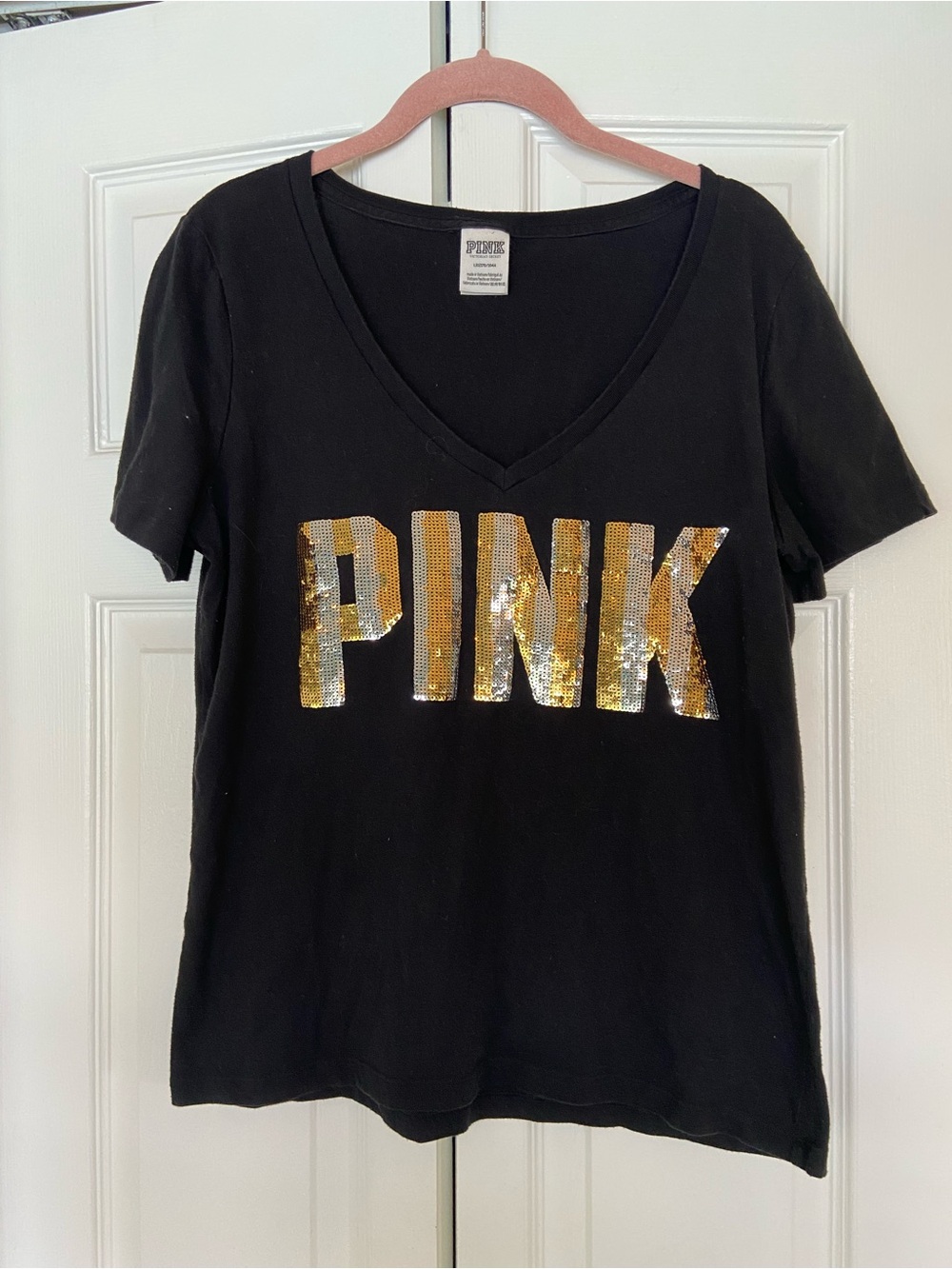 PINK Victoria's Secret Black V-Neck Tee with Gold Sequin Logo
